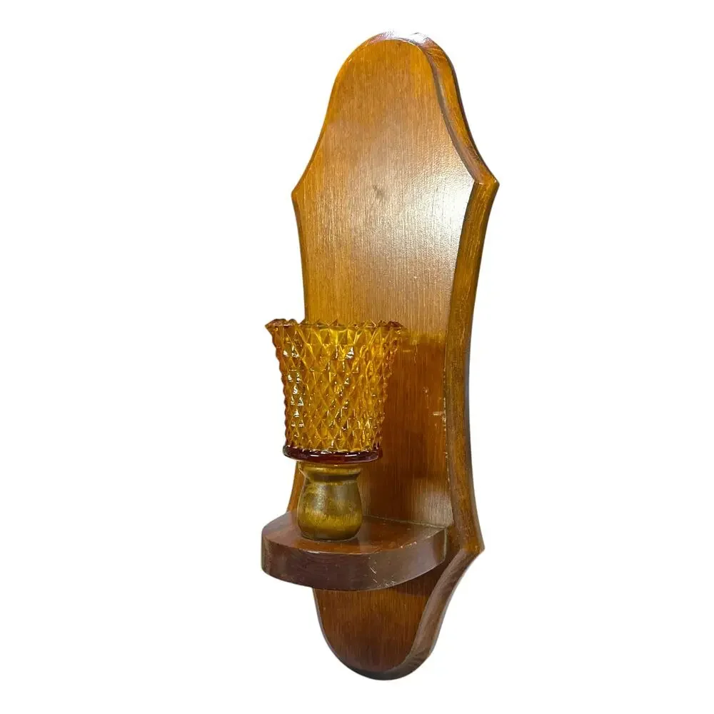 Vintage Single Wood Wall Sconce Amber Glass Votive Candle Holder MCM Decor